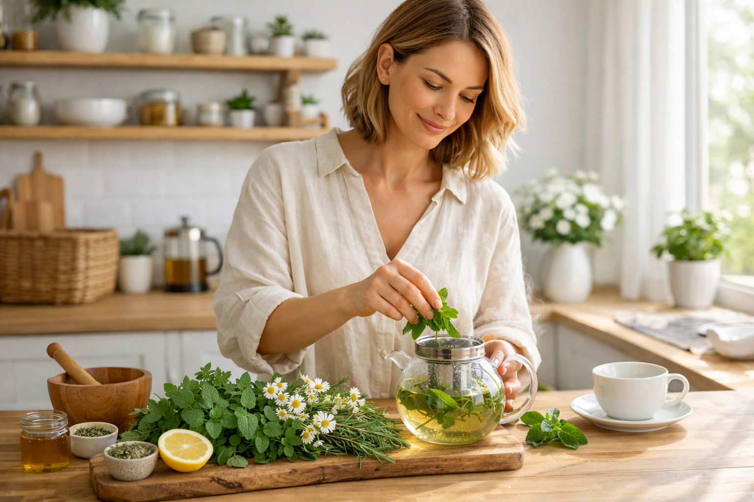 Woman preparing fresh herbal tea in bright modern kitchen with natural light, fresh herbs on wooden cutting board, calm and clean wellness lifestyle atmosphere