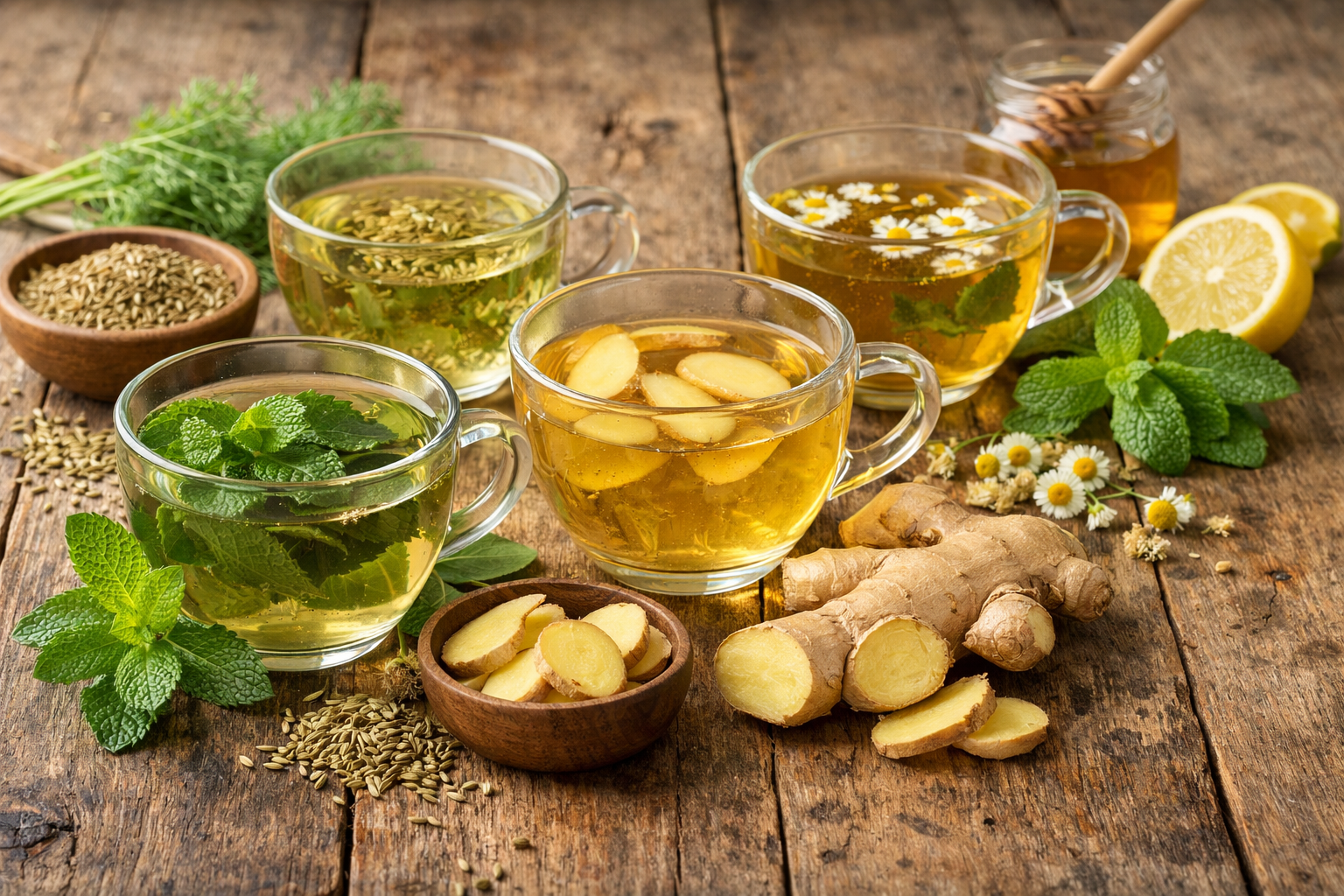 Variety of fresh herbal teas in glass cups with natural ingredients like mint, ginger, fennel seeds on rustic wooden table, soft natural lighting, wellness and digestive health concept